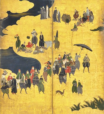 南部の野蛮人の詳細、17世紀初頭の2つの6パネルスクリーン 作： Kano Naizen