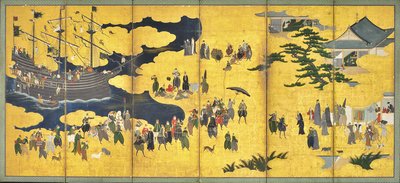 17世紀初頭の南部の野蛮人、6枚のパネルを備えたスクリーンが取引される 作： Kano Naizen