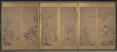 仏教、道教、儒教の祖先 (紙にインクと金箔) 作： Kano Sanraku