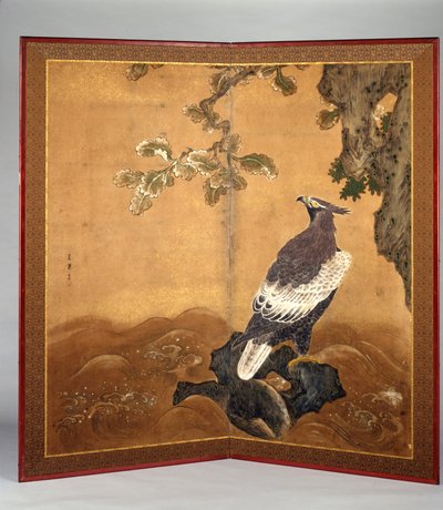 Hawk-Eagle ja tammi (muste ja väri paperille) 作： Kano Sanraku