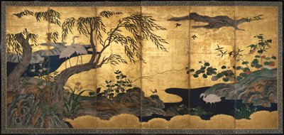 鳥と花、16世紀後半（紙にインク、色、金箔、金の斑点） 作： Kano Shoei (attr.to)