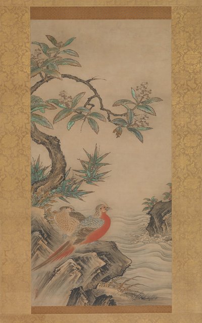 木々の間のキジ。四季の花」1560年代頃の作品。 作： Kano Shoei