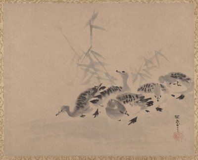 アヒルと葦、カリフォルニア州。 1650年。 作： Kanō Tan’yū