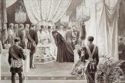1894年、サンクトペテルブルクのサン・ピエトロ・パウロ大聖堂に皇帝アレクサンドル3世が埋葬される。   作： Karel Brozh