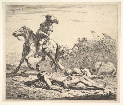 騎士が彼の左の肩越しに、地上の剥奪された死体に向かっている戦場、1652年。 作： Karel Du Jardin