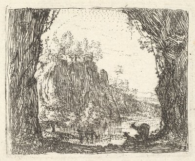 左右の前景の木々が並ぶ風景、2つのゴアのシルエット...、ca。 1641-78。 作： Karel Du Jardin