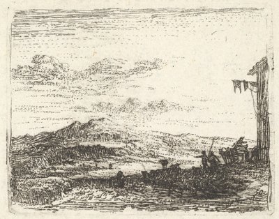 建物の隅と日除けが一番右にある風景、2人の人物と1つの馬... 1641-78。 作： Karel Du Jardin