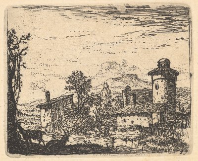 左手前の影に二頭の角山羊がいて、その奥に村の建物がある風景、1641～78年頃。 作： Karel Du Jardin