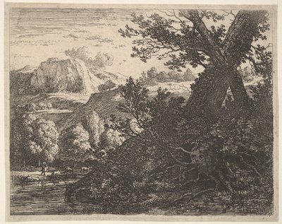 小川に沿って根をむき出しにした木、丘陵の風景、後ろを歩く男..., 1659. 作： Karel Du Jardin