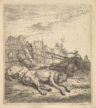 地面で寝ている2匹の犬、プラウ、農機具、束のわら、そして... 1641-78。 作： Karel Du Jardin