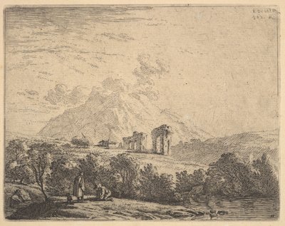 1658年前景にある、水路と山の岩山を台無しにした丘の中腹の景色。 作： Karel Du Jardin