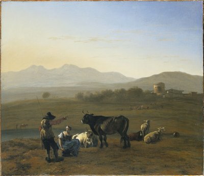 ローマのカンパーニャの広大な風景、牛と羊飼い、1975年 作： Karel Dujardin