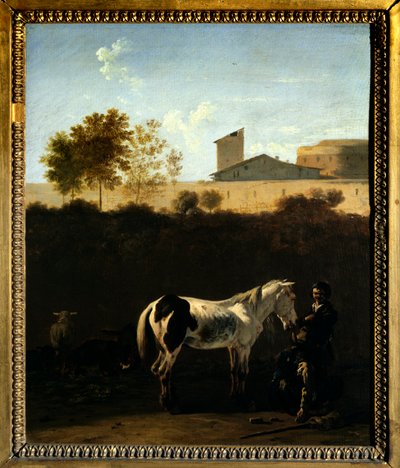 パトレスと馬のいるイタリアの風景 Pie painting by Karel Dujardin (1621-1678) (ec.holl.) 1675 Sun.0.32x0.27 m パリ、ルーヴル美術館 作： Karel Dujardin