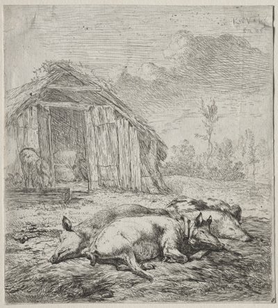 ものもらいの前に横たわる 3 匹の豚 作： Karel Dujardin