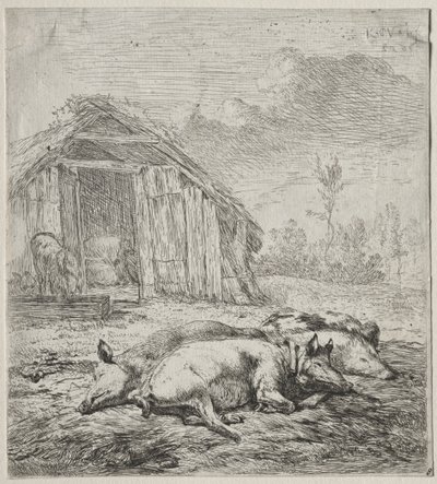 Styの前で横になっている3つの豚。 作： Karel Dujardin