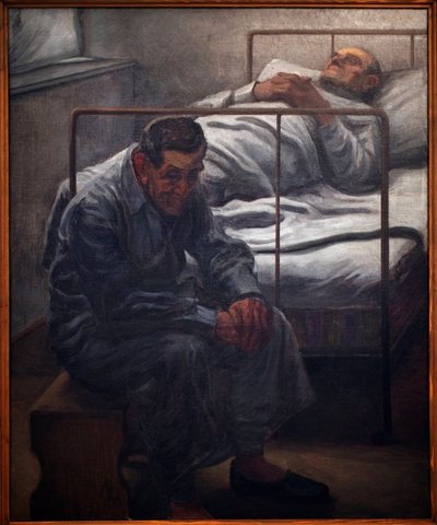 病院です。カレル・ミズルベック（1874-1915）の絵画、油彩・キャンバス、1910年。20世紀のチェコの芸術。ヴェレトシュニ宮殿（見本市会場）、プラハ（チェコ共和国）。 作： Karel Myslbek
