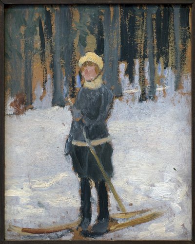 森でスキーをする女性。 Karel Spillar (1871-1939) によるアートワーク、ボール紙に油彩 作： Karel Spillar