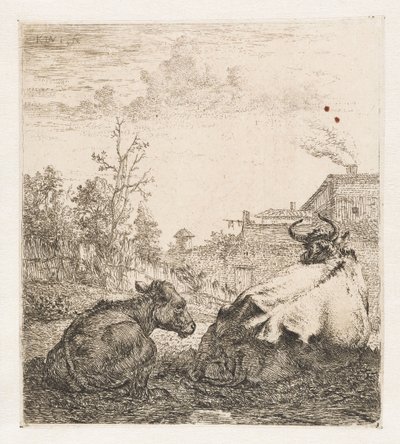 子牛と横になっている牛 動物（シリーズタイトル） 作： Karel du Jardin (signed by artist)