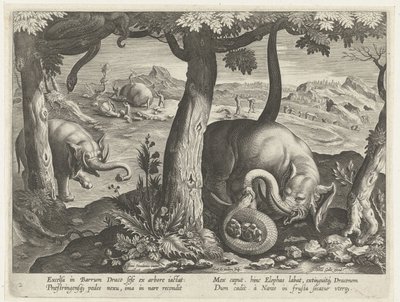 オリファントは戦闘中にスラングに出会った Jachttaferelen (シリーズタイトル) Bestiary でのジビエ、鳥、魚の狩猟 (シリーズ タイトル) 作： Karel van Mallery (attributed to)