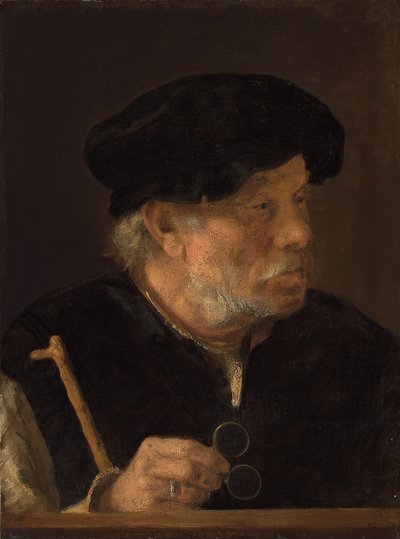 木製の棚で杖と彼の眼鏡を持っているバスト長の男 作： Karel van der Pluym