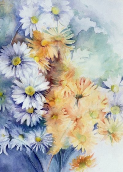 菊、白、アプリコット 作： Karen Armitage