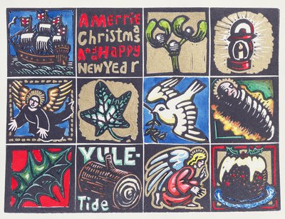 クリスマスカード、1999（紙にリノカットとトイレ） 作： Karen Cater