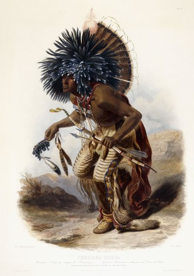 ペーリスカ・ルパ犬の団子の衣装を着たモエンニターリの戦士 作： Karl (after) Bodmer