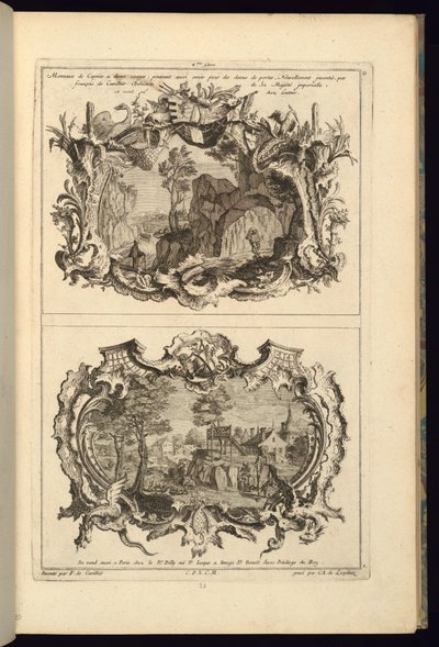 印刷、2つのカルトゥーシュのデザイン、1745 作： Karl Albert von Lespilliez