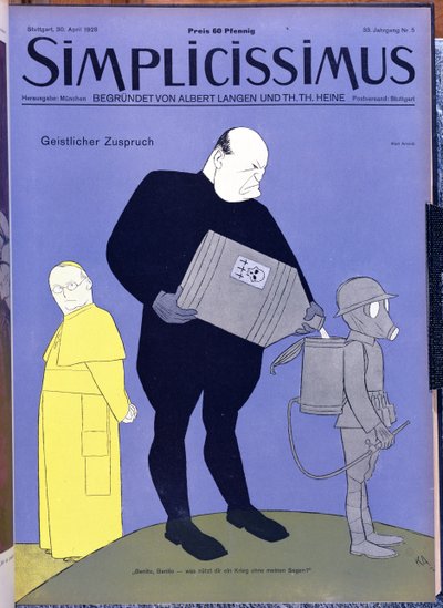 ローマ教皇ピウス11世（1857-1939）とベニート・ムッソリーニ（1883-1945）、雑誌「Simplicissimus」の表紙、1928年4月30日（カラーリトグラフ）。 作： Karl Arnold