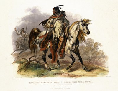 Leopold Beyer（1784-c.1870）1843（aquatint）によって刻まれた、馬に乗ったブラックフットインディアン、「北米の内部の旅」のボリューム1のプレート19 作： Karl Bodmer