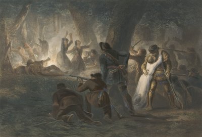パブ、ダニエルブーンとリチャードキャロウェイの娘たちの救出。 1852（カラー彫刻） 作： Karl Bodmer