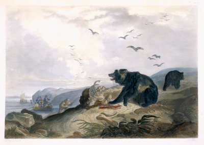 グリズリー・ベアーの狩猟、ルーカス・ウェーバー、1844年（アクアチント）によって刻まれた「北アメリカの内部の旅」のボリューム2からの版36 作： Karl Bodmer