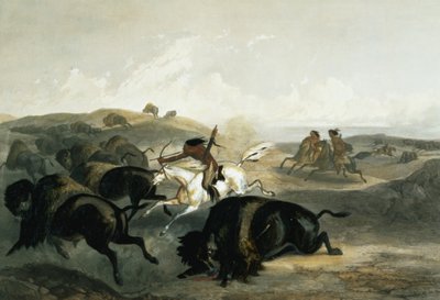 カールフォーゲル（1816-51）1844（アクアチント）によって彫刻された「北アメリカの内陸の旅」のボリューム2のプレート31、バイソンを狩るインディアン 作： Karl Bodmer