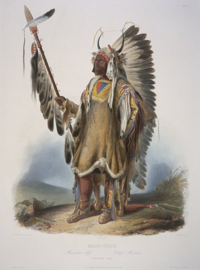 1839年に出版されたJ.ハリマンによって彫刻されたマント族の首長、マトトープ（アクアチント） 作： Karl Bodmer