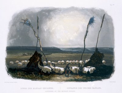マンダンインディアンの供物、シギスモンドヒメリー（1801-72）1843（アクアチント）によって刻まれた「北米の内部の旅」のボリューム1のプレート14 作： Karl Bodmer