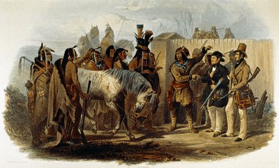 ヒダッツァ・インディアンに迎えられたマックス・フォン・ヴィード・ニューヴィード王子（1782-1867）とカール・ボドマー 作： Karl Bodmer