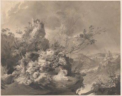 ライン川を見下ろす廃墟の塔 作： Karl Bodmer