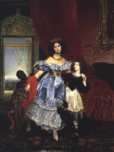サモイロワ伯爵夫人と（ジョヴァニーナ）アマジリア・パチーニ、黒人の少年の肖像 作： Karl Bryullov