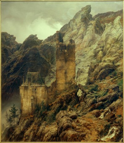 CFLessing、岩の多い風景：廃墟と峡谷 作： Carl Friedrich Lessing