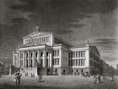 ドイツ、ベルリン、コンサートホール（Schauspielhaus）の眺め、カール・フリードリヒ・シンケルス（1781-1841）による彫刻 作： Karl Friedrich Schinkel
