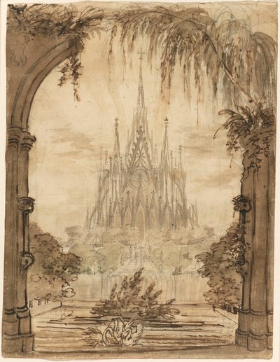 白鳥のいる池の後ろにあるゴシック様式の大聖堂 作： Karl Friedrich Schinkel