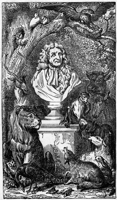 動物に囲まれたJean de La Fontaineのアレゴリー胸像、Fables de la Fontaineの本の正面図。 作： Karl Girardet