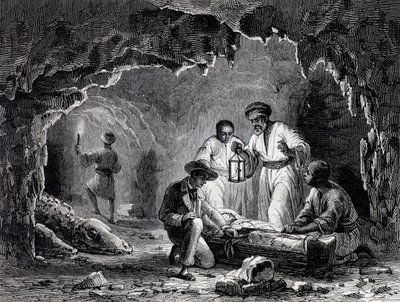 Samoun の洞窟での考古学的発見、Karl Girardet (1813-1871) による描画に基づく彫刻 作： Karl Girardet