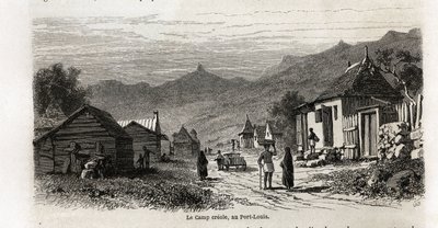 1861年にアルフレッド・ヴェルニーがモーリシャスに滞在した際に描いたカール・ジラルデ（1813-1871）によるポートルイスのクレオール陣営の絵。エドゥアール・シャルトン編集の『Le tour du monde』に掲載されている図版 作： Karl Girardet