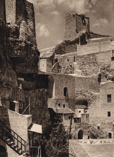 マール サバ、エウドキシアの塔と修道院 (白黒写真) 作： Karl Grober