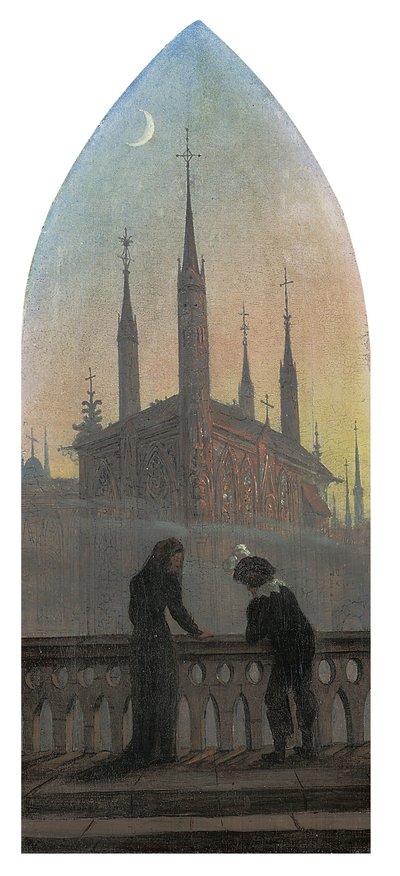中世の町を熟考した古いドイツの服を着た人々 作： Karl Gustav Carus