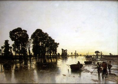 農民のいる広大な水浸しの風景 作： Karl Heffner