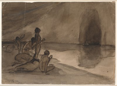 Aurvangalandet のビーチで裸の人々 は Heimdal が来るボートを見る 作： Karl Isakson