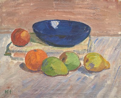 青い鉢と果物のある静物 作： Karl Isakson
