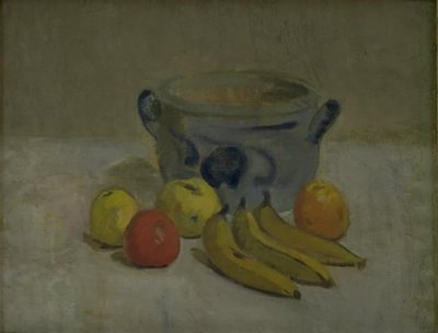 灰色の瓶、リンゴ、バナナのある静物 作： Karl Isakson